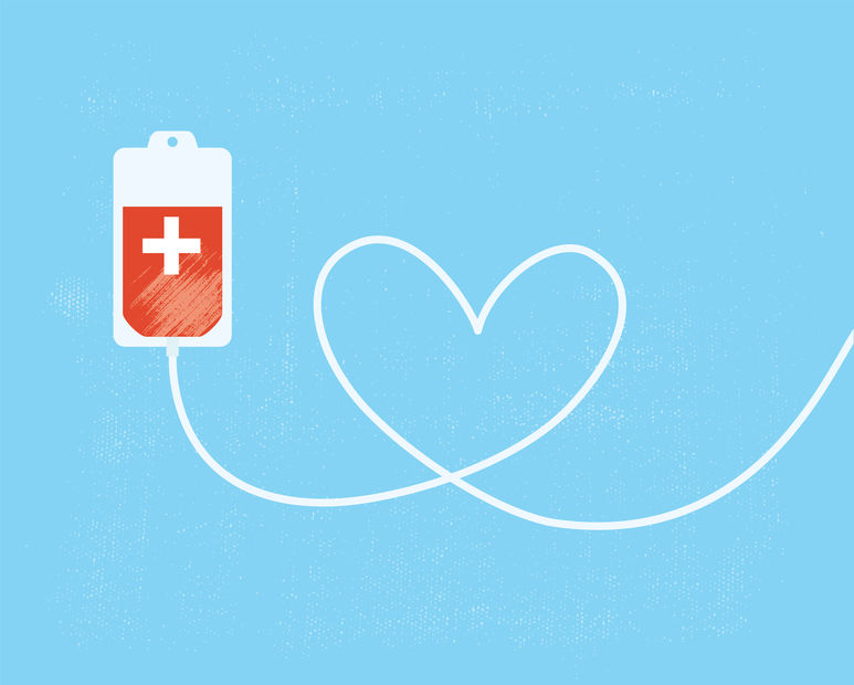 Image of Blood bag cord in heart shape on blue background