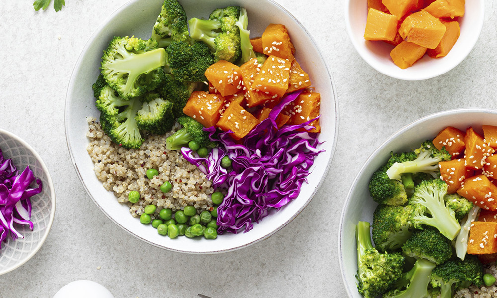 Hearty grains bowl with broccoli, butternut squash, and other veggies.