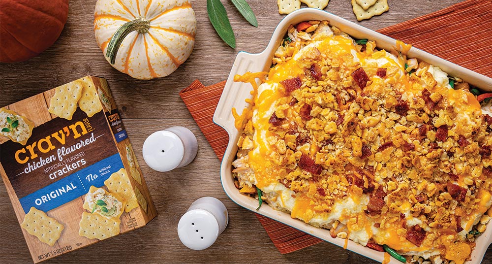 Leftover thanksgiving bake made with crav'n brand crackers.