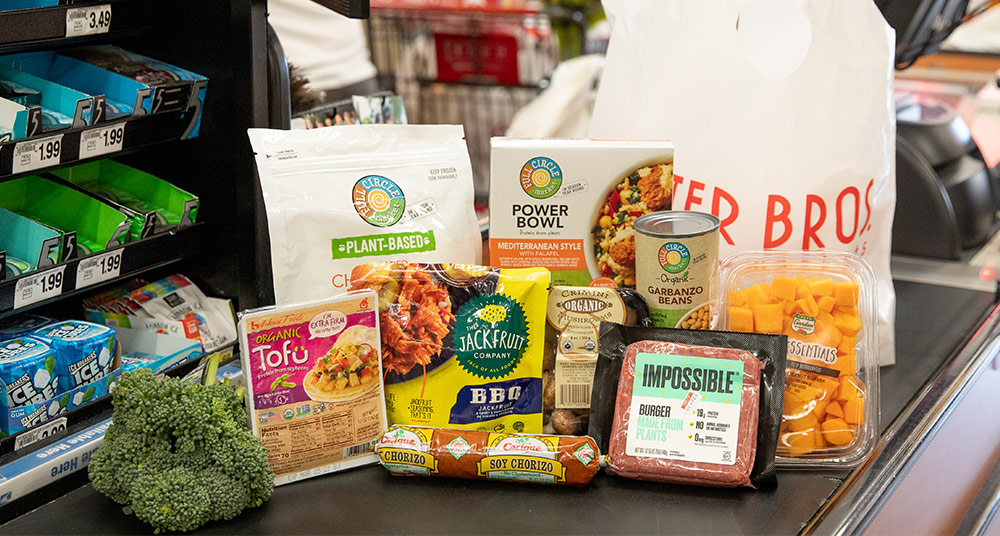 Plant based Lent food products on conveyor belt.