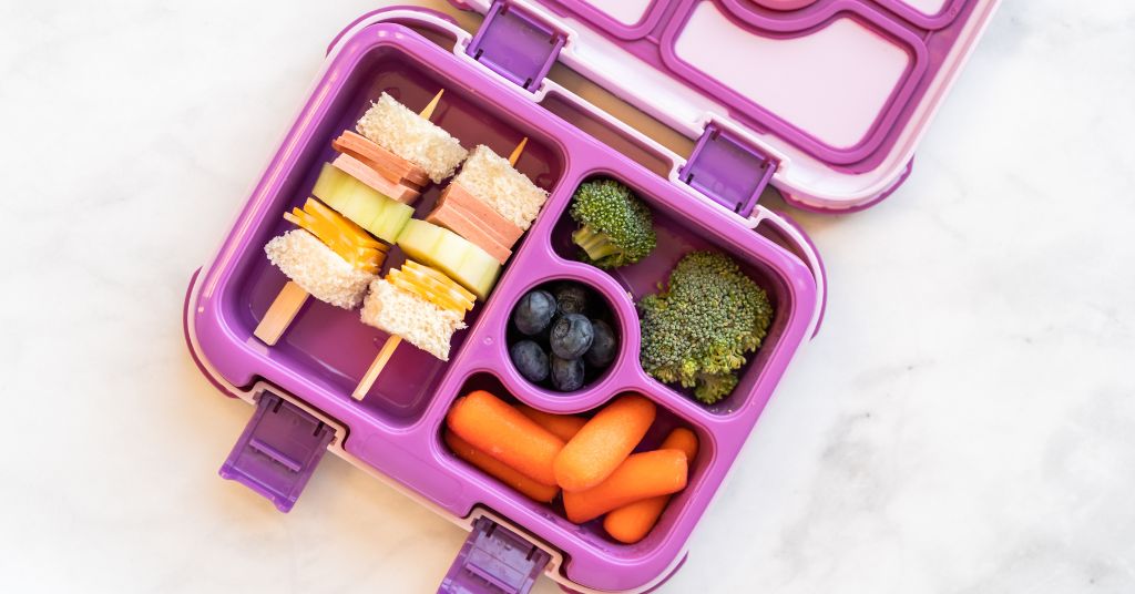 Kids School Lunch Bento Box with A Ham Sandwich, Brocoli, Carrots, and Blueberries