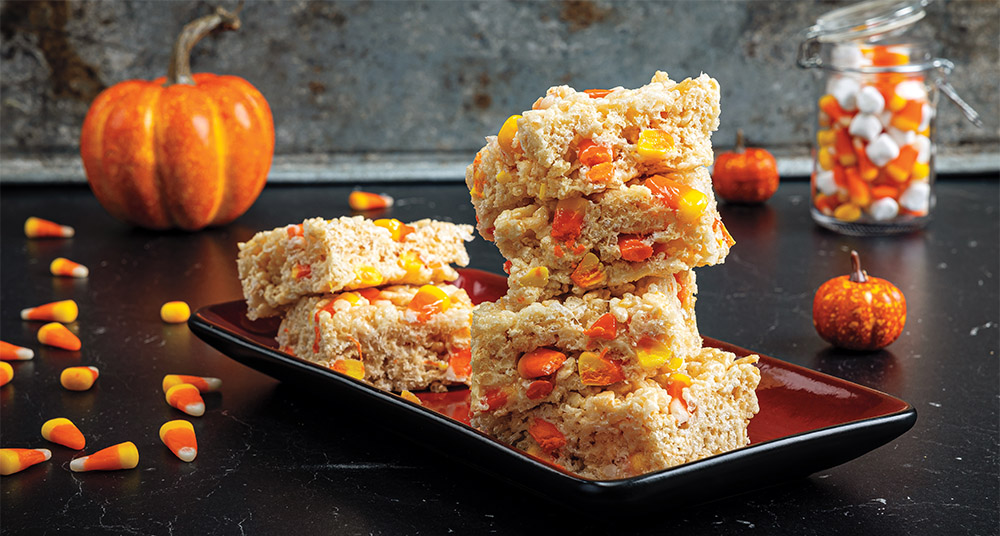 Rice marshmallow treats made with candy corn.