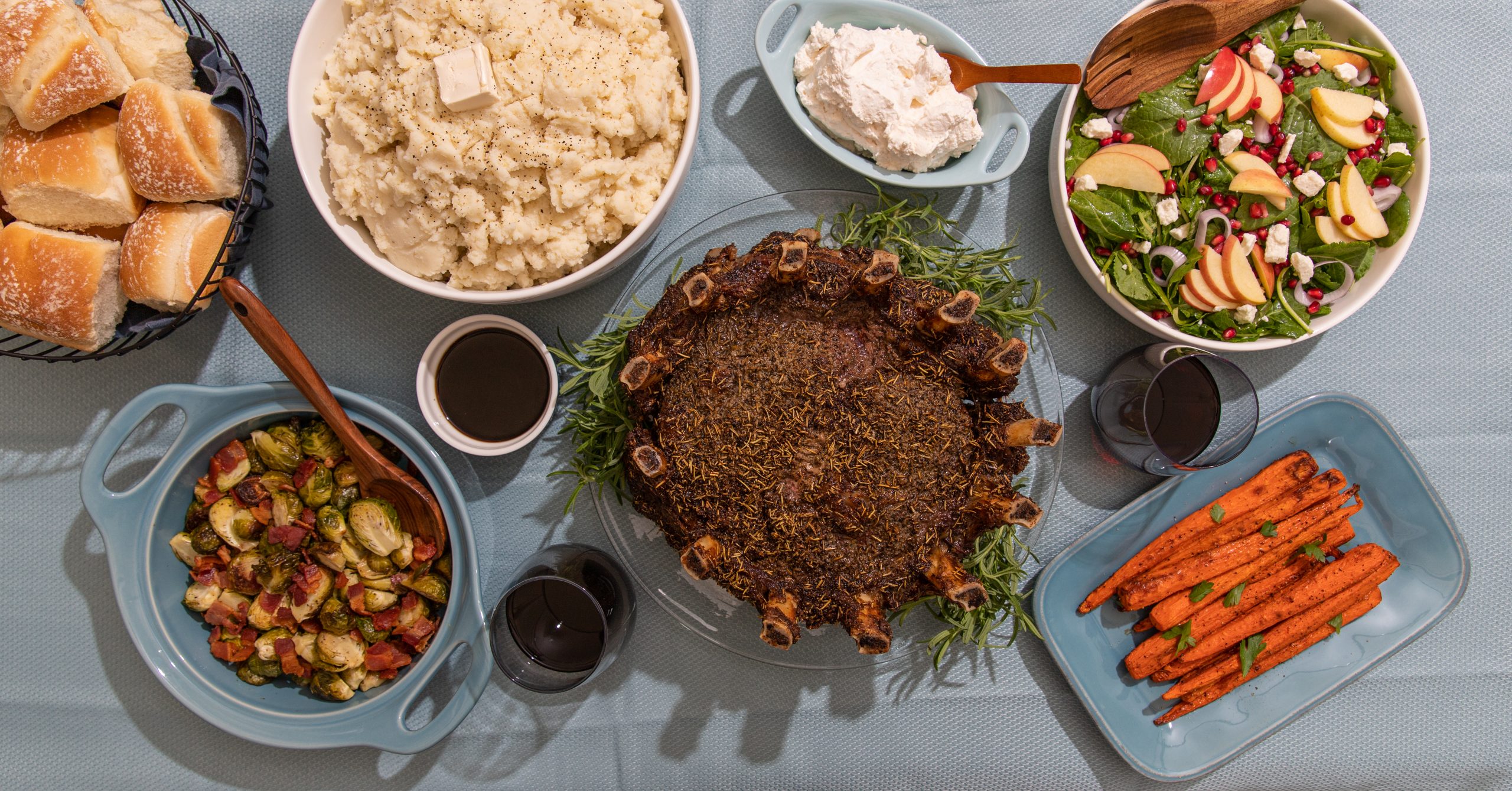 Stater Bros. Markets Crown Rib Roast Served with Mashed Potatoes, Carrots, Salad, Dinner Rolls and Brussel Sprouts