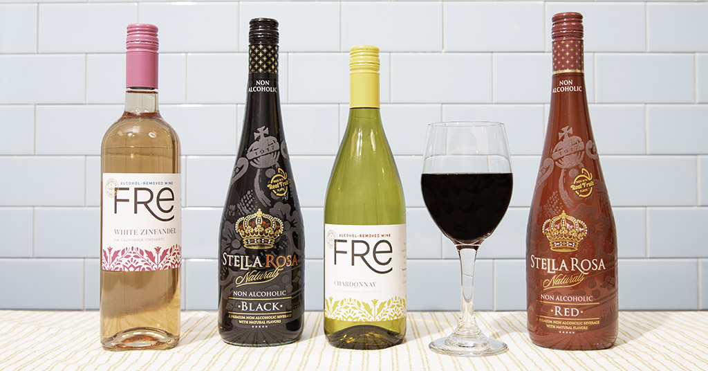 A selection of alcohol free wines including Stella Rosa, Sangria Senorial, and Fre brand wines. 
