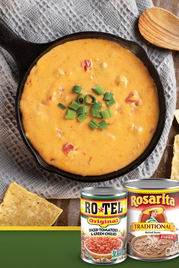 Rosarita Beans and Rotel Tomatoes for Queso Dip with ingredients from Stater Bros.
