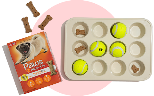 Cupcake tin treat game for pet featuring Paws Happy Life treats. 