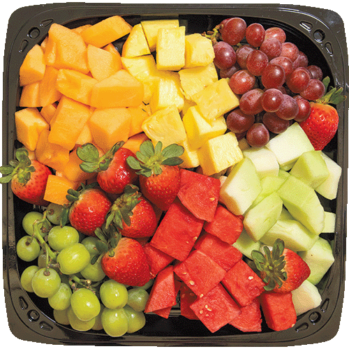 Stater Bros. Markets service deli fresh fruit party tray made with sliced melons, strawberries, and grapes.