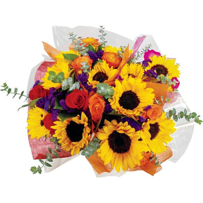 Sunflowers and roses in a bouquet.