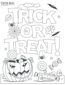 Trick or Treat Halloween Coloring Page with a Jack O Latern and Candy