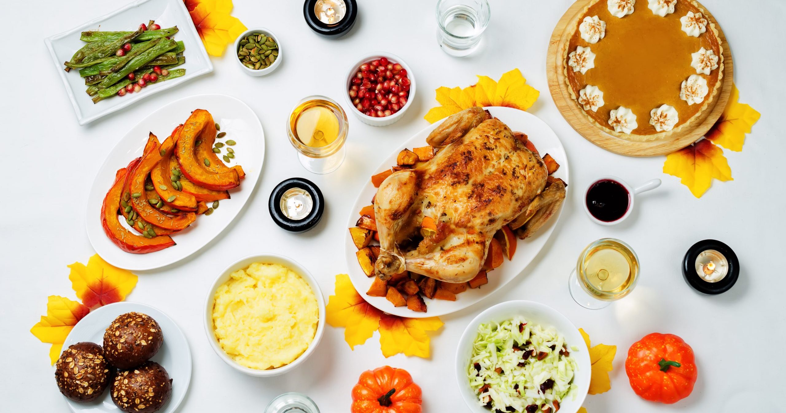 thanksgiving spread with lots of food.