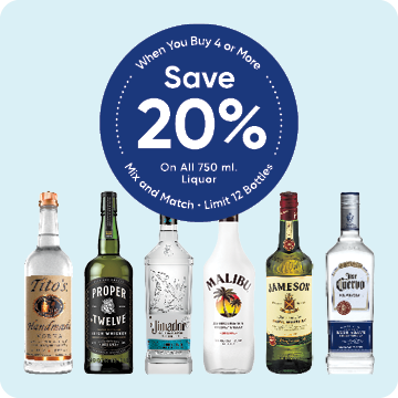 Stater Bros. Markets Wine promotion. Save 20% off all 750 ml. liquor when you buy 4 or more!