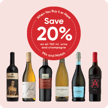 Stater Bros. Markets Wine promotion. Save 20% off all 750 ml. wine and champagne when you buy 4 or more!
