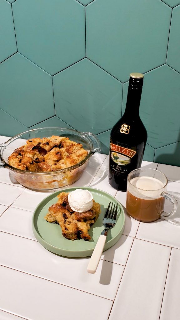 Irish soda bread pudding with Bailey's whipped cream.